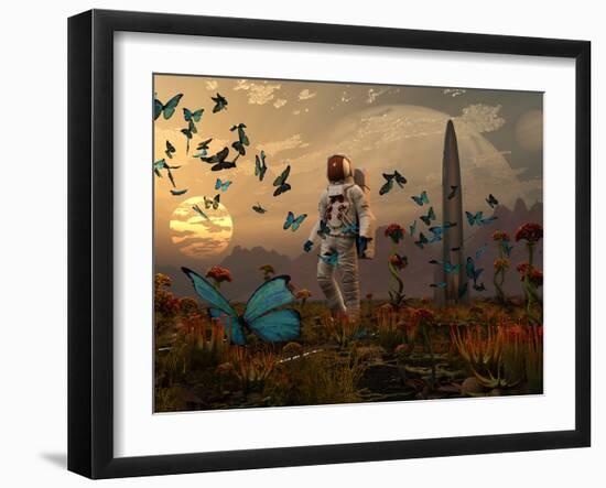 A Astronaut Is Greeted by a Swarm of Butterflies on an Alien World-Stocktrek Images-Framed Photographic Print