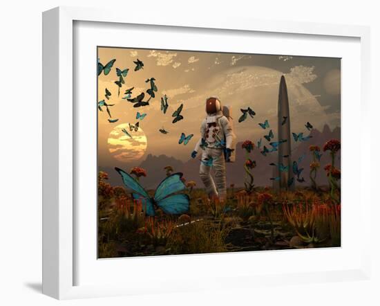 A Astronaut Is Greeted by a Swarm of Butterflies on an Alien World-Stocktrek Images-Framed Photographic Print