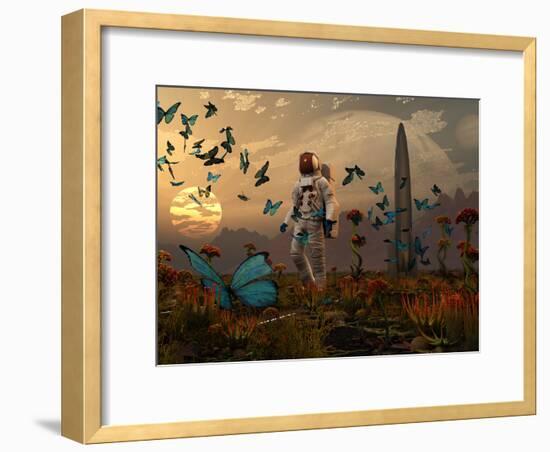 A Astronaut Is Greeted by a Swarm of Butterflies on an Alien World-Stocktrek Images-Framed Photographic Print