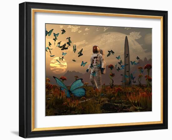 A Astronaut Is Greeted by a Swarm of Butterflies on an Alien World-Stocktrek Images-Framed Photographic Print