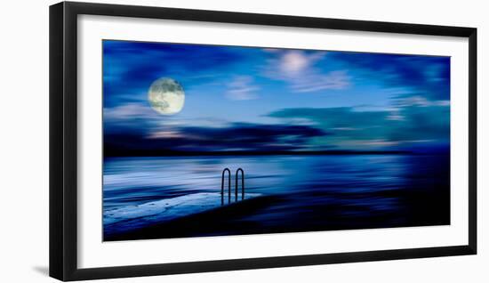 A Atmospheric Evening Shot of a Jetty Featuring a Full Moon and Blue Sky in Slovenia, Europe-Ray Watkins-Framed Photographic Print