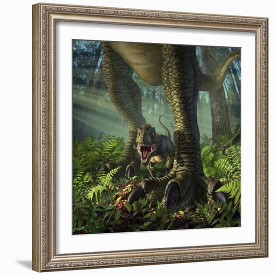 A Baby Tyrannosaurus Rex Roars While Safely Standing Between it's Mother's Legs-null-Framed Premium Giclee Print