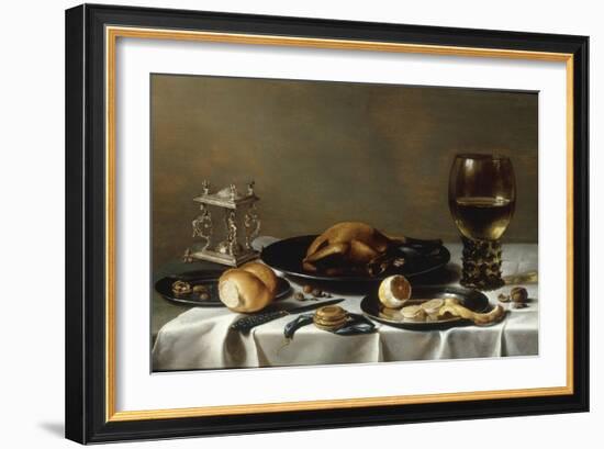 A Banketje Still Life with a Roemer, a Mounted Salt-Cellar, Pewter Plates with a Roast Chicken?-Pieter Claesz-Framed Giclee Print