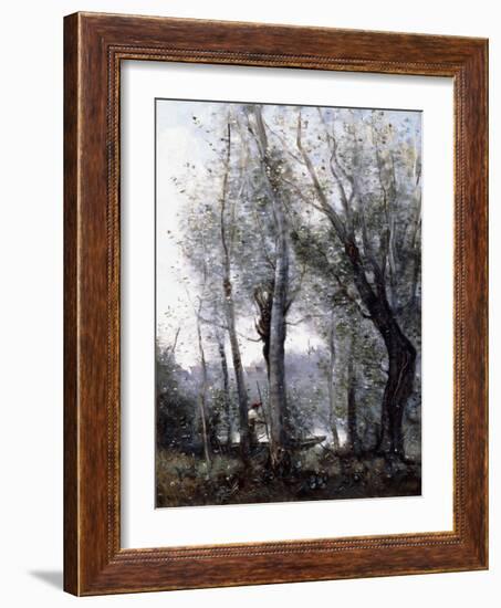 A Barge Passing Beind Trees on the Shore, 1865-70-Jean-Baptiste-Camille Corot-Framed Giclee Print