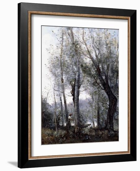 A Barge Passing Beind Trees on the Shore, 1865-70-Jean-Baptiste-Camille Corot-Framed Giclee Print