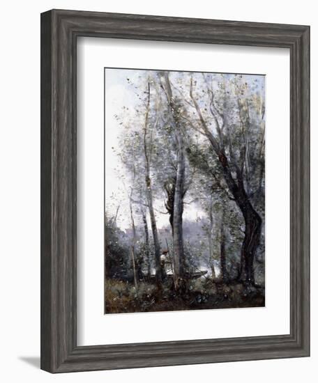 A Barge Passing Beind Trees on the Shore, 1865-70-Jean-Baptiste-Camille Corot-Framed Giclee Print