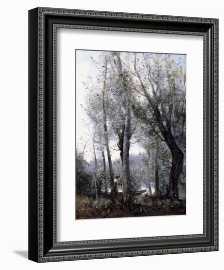 A Barge Passing Beind Trees on the Shore, 1865-70-Jean-Baptiste-Camille Corot-Framed Giclee Print