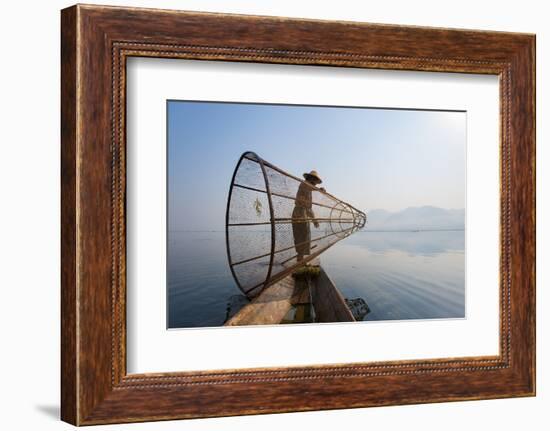 A Basket Fisherman on Inle Lake Prepares to Plunge His Cone Shaped Net, Shan State, Myanmar (Burma)-Alex Treadway-Framed Photographic Print