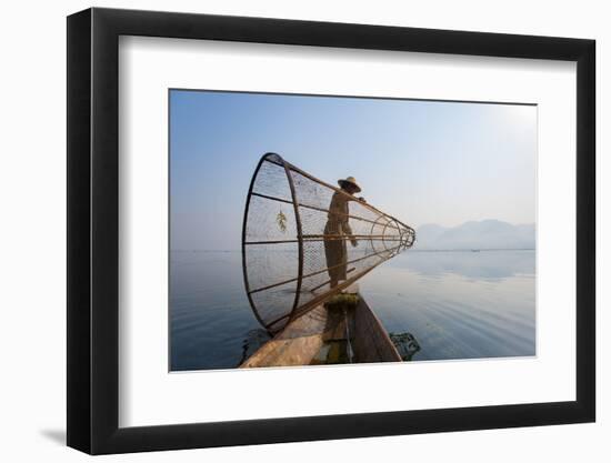 A Basket Fisherman on Inle Lake Prepares to Plunge His Cone Shaped Net, Shan State, Myanmar (Burma)-Alex Treadway-Framed Photographic Print