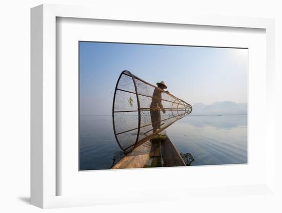 A Basket Fisherman on Inle Lake Prepares to Plunge His Cone Shaped Net, Shan State, Myanmar (Burma)-Alex Treadway-Framed Photographic Print