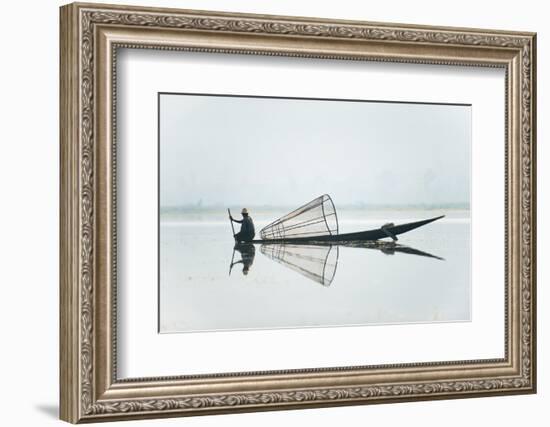 A basket fisherman on Inle Lake scans the still and shallow water for signs of life, Myanmar (Burma-Alex Treadway-Framed Photographic Print