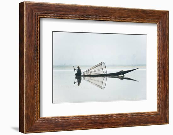 A basket fisherman on Inle Lake scans the still and shallow water for signs of life, Myanmar (Burma-Alex Treadway-Framed Photographic Print
