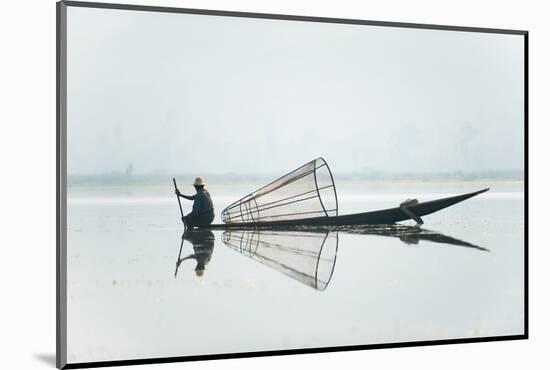 A basket fisherman on Inle Lake scans the still and shallow water for signs of life, Myanmar (Burma-Alex Treadway-Mounted Photographic Print