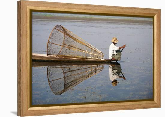 A basket fisherman on Inle Lake scans the still and shallow water for signs of life, Shan State, My-Alex Treadway-Framed Premier Image Canvas