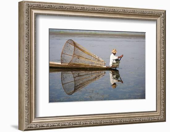 A basket fisherman on Inle Lake scans the still and shallow water for signs of life, Shan State, My-Alex Treadway-Framed Photographic Print