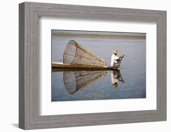 A basket fisherman on Inle Lake scans the still and shallow water for signs of life, Shan State, My-Alex Treadway-Framed Photographic Print