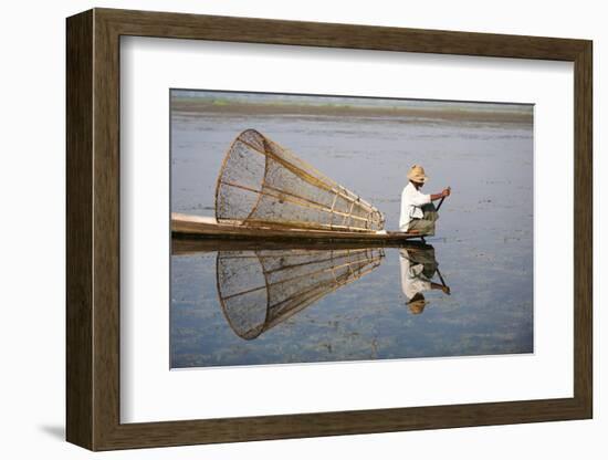 A basket fisherman on Inle Lake scans the still and shallow water for signs of life, Shan State, My-Alex Treadway-Framed Photographic Print