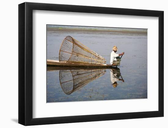 A basket fisherman on Inle Lake scans the still and shallow water for signs of life, Shan State, My-Alex Treadway-Framed Photographic Print