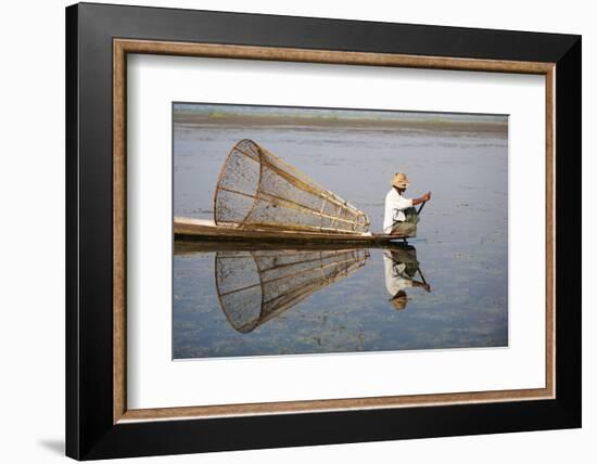 A basket fisherman on Inle Lake scans the still and shallow water for signs of life, Shan State, My-Alex Treadway-Framed Photographic Print