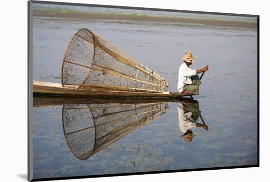 A basket fisherman on Inle Lake scans the still and shallow water for signs of life, Shan State, My-Alex Treadway-Mounted Photographic Print