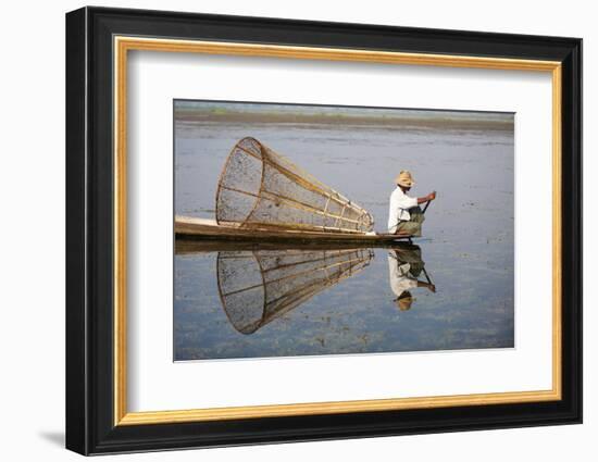 A basket fisherman on Inle Lake scans the still and shallow water for signs of life, Shan State, My-Alex Treadway-Framed Photographic Print