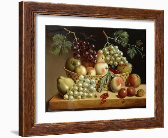 A Basket of Grapes, Apples, Peaches and other Fruit on a Ledge-null-Framed Giclee Print