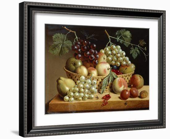 A Basket of Grapes, Apples, Peaches and other Fruit on a Ledge-null-Framed Giclee Print