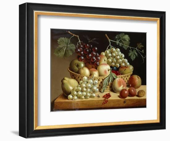 A Basket of Grapes, Apples, Peaches and other Fruit on a Ledge-null-Framed Premium Giclee Print