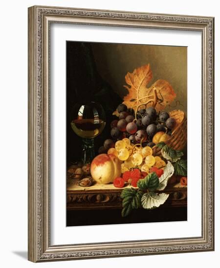 A Basket of Grapes, Raspberries, a Peach and a Wine Glass on a Table-Edward Ladell-Framed Giclee Print