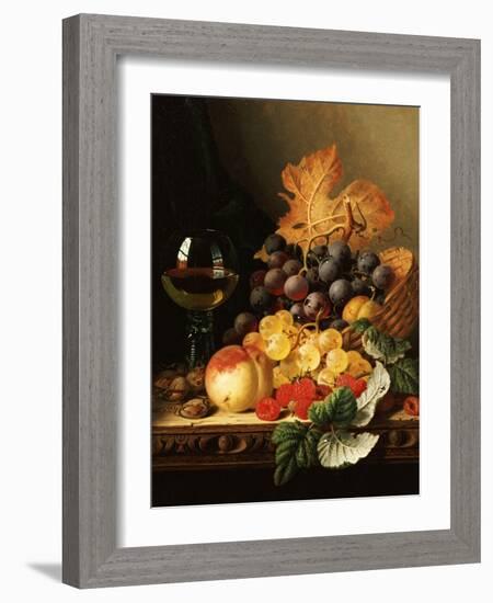 A Basket of Grapes, Raspberries, a Peach and a Wine Glass on a Table-Edward Ladell-Framed Giclee Print