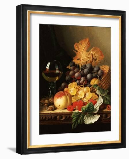 A Basket of Grapes, Raspberries, a Peach and a Wine Glass on a Table-Edward Ladell-Framed Giclee Print