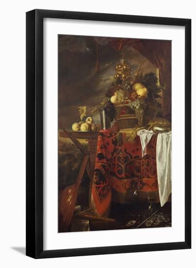 A Basket of Mixed Fruit with Gilt Cup, Silver Chalice, Nautilus, Glass and Peaches on a Plate-Jan Davidsz. de Heem-Framed Giclee Print