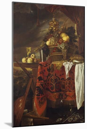 A Basket of Mixed Fruit with Gilt Cup, Silver Chalice, Nautilus, Glass and Peaches on a Plate-Jan Davidsz. de Heem-Mounted Giclee Print