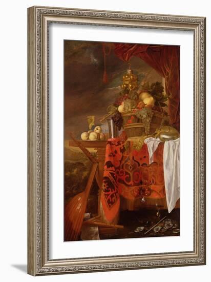 A Basket of Mixed Fruit with Gilt Cup, Silver Chalice, Nautilus, Glass and Peaches on a Plate-Jan Davidsz de Heem-Framed Giclee Print