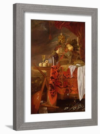 A Basket of Mixed Fruit with Gilt Cup, Silver Chalice, Nautilus, Glass and Peaches on a Plate-Jan Davidsz de Heem-Framed Giclee Print