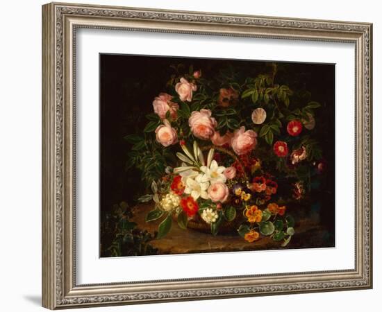 A Basket of Roses, Lilies and Pansies by a Rose Bush, 1885-Johan Laurents Jensen-Framed Giclee Print