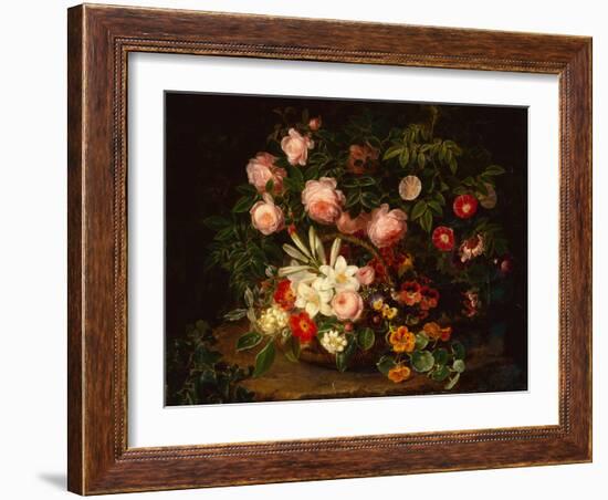 A Basket of Roses, Lilies and Pansies by a Rose Bush, 1885-Johan Laurents Jensen-Framed Giclee Print