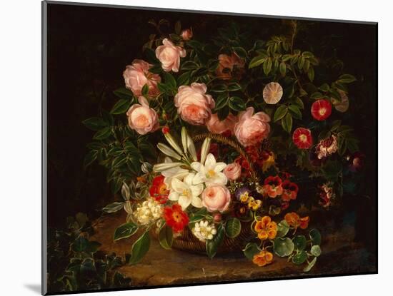 A Basket of Roses, Lilies and Pansies by a Rose Bush, 1885-Johan Laurents Jensen-Mounted Giclee Print