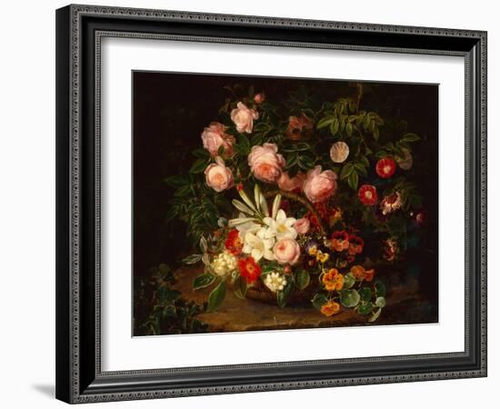 A Basket of Roses, Lilies and Pansies by a Rose Bush, 1885-Johan Laurents Jensen-Framed Giclee Print