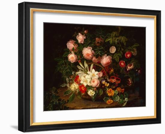 A Basket of Roses, Lilies and Pansies by a Rose Bush, 1885-Johan Laurents Jensen-Framed Giclee Print