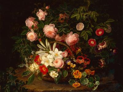 'A Basket of Roses, Lilies and Pansies by a Rose Bush, 1885' Giclee ...