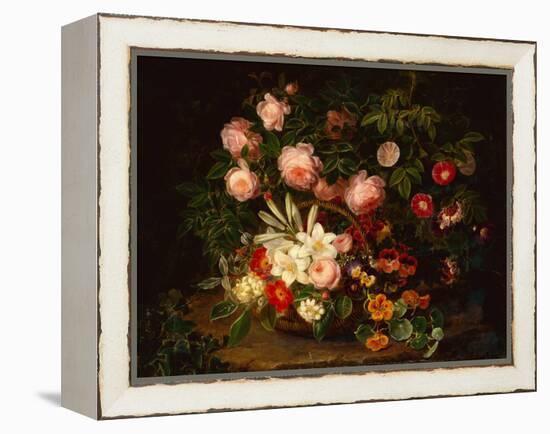 A Basket of Roses, Lilies and Pansies by a Rose Bush, 1885-Johan Laurents Jensen-Framed Premier Image Canvas