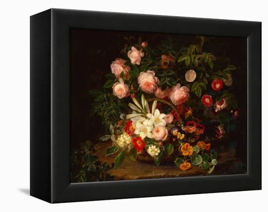 A Basket of Roses, Lilies and Pansies by a Rose Bush, 1885-Johan Laurents Jensen-Framed Premier Image Canvas