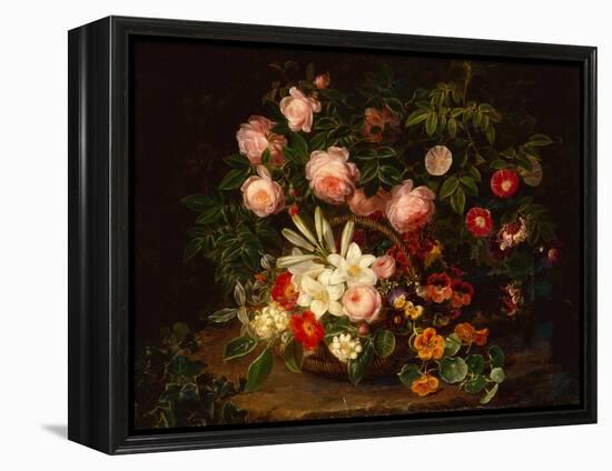 A Basket of Roses, Lilies and Pansies by a Rose Bush, 1885-Johan Laurents Jensen-Framed Premier Image Canvas