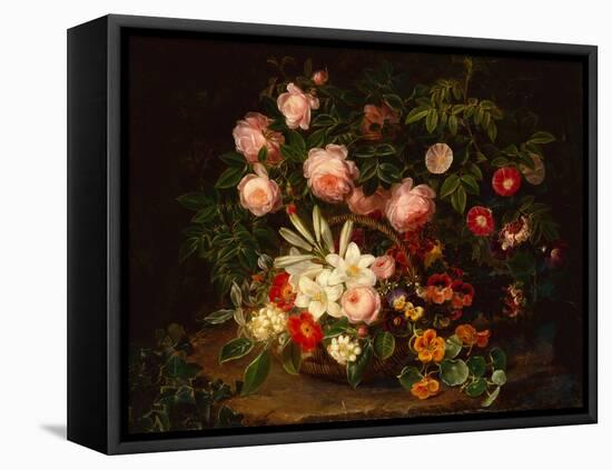 A Basket of Roses, Lilies and Pansies by a Rose Bush, 1885-Johan Laurents Jensen-Framed Premier Image Canvas