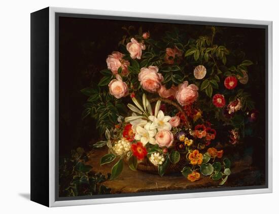 A Basket of Roses, Lilies and Pansies by a Rose Bush, 1885-Johan Laurents Jensen-Framed Premier Image Canvas