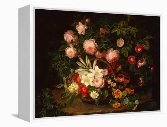 A Basket of Roses, Lilies and Pansies by a Rose Bush, 1885-Johan Laurents Jensen-Framed Premier Image Canvas