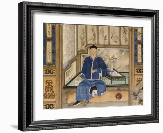 A Bearded Old Gentleman Wearing Blue Winter Clothes, Holding a Snuff Bottle and Stroking a Cat-null-Framed Giclee Print