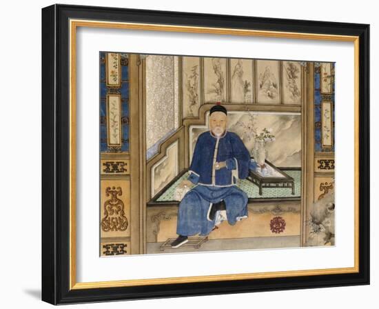 A Bearded Old Gentleman Wearing Blue Winter Clothes, Holding a Snuff Bottle and Stroking a Cat-null-Framed Giclee Print