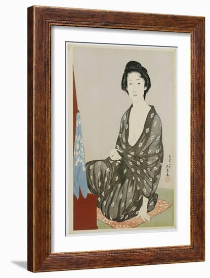 A Beauty in a Black Kimono with White Hanabishi Patterns, Seated before a Mirror, 1920-Goyo Hashiguchi-Framed Giclee Print